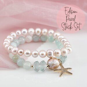 Pearl Aquamarine Charm Bracelet Set of 2, Dainty Stretch Bracelet